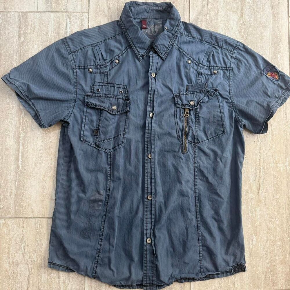 FUSAI Vintage Y2K Utility Military Shirt XL Distressed Grunge Tactical Gorpcore